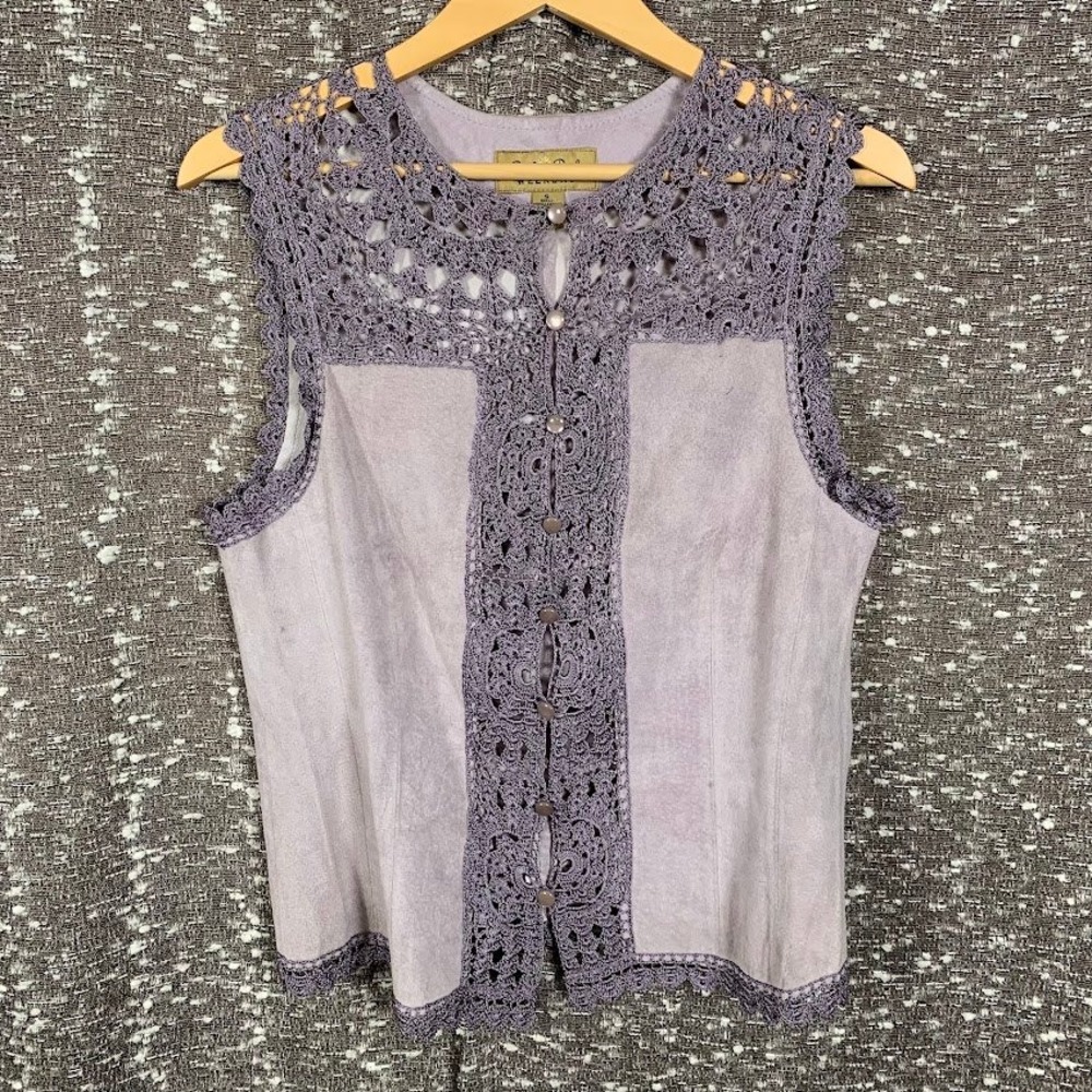 Peck & Peck Weekend Purple Leather Crochet Vest Western Boho Women's Small